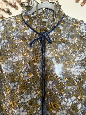 Mikael Aghal Olive & Blue Floral Tie-Neck Jacket